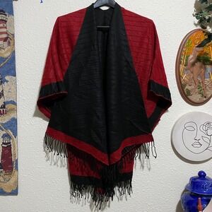 Cashmere Silk Blend one size Fringe Poncho Cape Shawl Red Black Wrap‎ Soft Cozy